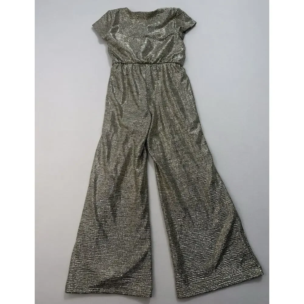 GB Girls, Silver Metallic Jumpsuit Size Small Wide Leg Party Sparkle